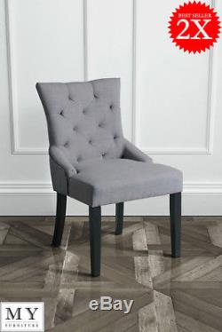 Set Of 6 High Quality Upholstered Dining Chairs Grey Color Fabric Dark Legs