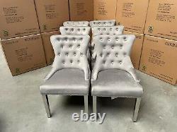 Set Of 6 Light Grey Velvet Dianne Dining Chair Sliver Metal Legs Lion Knocker
