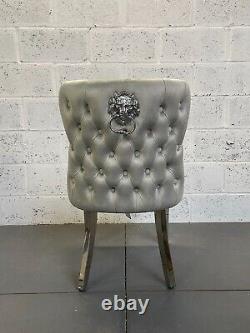 Set Of 6 Light Grey Velvet Eaton Dining Chairs Metal Legs Lion COLLECTION ONLY