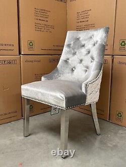Set Of 6 Silver Grey Velvet Chelsea Dining Chairs Metal Leg Lion COLLECTION ONLY