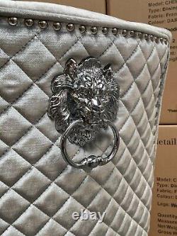 Set Of 6 Silver Grey Velvet Chelsea Dining Chairs Metal Leg Lion COLLECTION ONLY