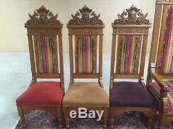 Set Of Eight Highly Ornate Hand Carved Solid Oak Gothic Upholstered Thrones