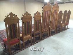Set Of Eight Highly Ornate Hand Carved Solid Oak Gothic Upholstered Thrones