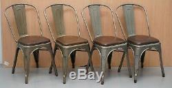 Set Of Four Gun Metal Grey Stacking Chairs Tolix V2 With Upholstered Seat Pad