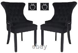 Set of 2 Black Velvet Dining Chairs Ring Knocker, Velvet Upholstered, Wing back
