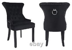 Set of 2 Black Velvet Dining Chairs Ring Knocker, Velvet Upholstered, Wing back