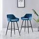 Set Of 2 Blue Velvet Bar Stools Upholstered Padded Quilted Kitchen High Chairs