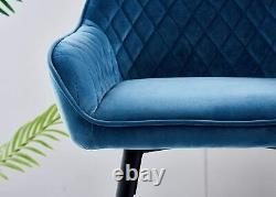 Set of 2 Blue Velvet Bar Stools Upholstered Padded Quilted Kitchen High Chairs