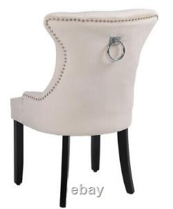 Set of 2 Cream Velvet Dining Chairs, Ring Knocker, Velvet Upholstered