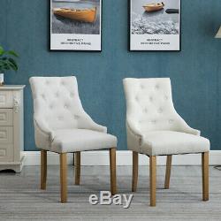 Set of 2 Dining Armchairs Curved Shape Upholstered Wooden Leg Linen Fabric Beige
