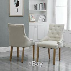 Set of 2 Dining Armchairs Curved Shape Upholstered Wooden Leg Linen Fabric Beige