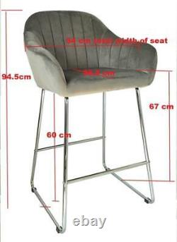 Set of 2 GREY Velvet High Bar Chairs Stool Kitchen/Dining/Breakfast Bar Chairs