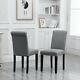 Set Of 2 Grey Dining Chairs Upholstered Fabric With Rivets Wood Legs Diningroom