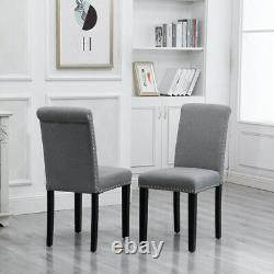 Set of 2 Grey Dining Chairs Upholstered Fabric with Rivets Wood Legs Diningroom