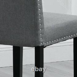 Set of 2 Grey Dining Chairs Upholstered Fabric with Rivets Wood Legs Diningroom