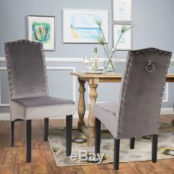 Set of 2 Grey Plush Velvet Dining Chairs Studded Knocker Back Upholstered Seat