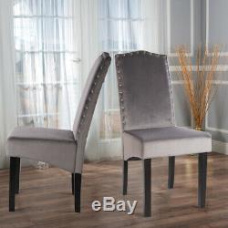Set of 2 Grey Plush Velvet Dining Chairs Studded Knocker Back Upholstered Seat