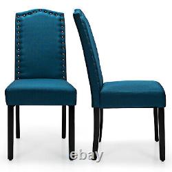 Set of 2 Linen Fabric Dining Chairs Solid Wood High Back Upholstered Chairs