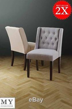 Set of 2 Wing upholstered buttoned dining chair Beige / Grey Huxley