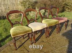 Set of 4 Antique Balloon Back Upholstered Carved Mahogany Kitchen Dining Chairs