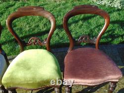 Set of 4 Antique Balloon Back Upholstered Carved Mahogany Kitchen Dining Chairs