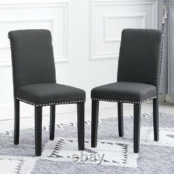 Set of 4 Dark Gray Fabric Dining Chairs Padded Seat with Rivet Kitchen Chairs