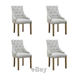 Set of 4 Dining Armchairs Curved Shape Upholstered Wooden Leg Linen Fabric Beige