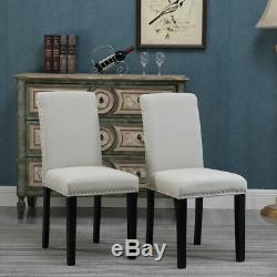 Set of 4 Dining Room Beige Dining Chairs High Back Fabric Upholstered with Rivets