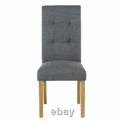 Set of 4 Grey Upholstered Button Back Dining Chairs with Solid Wood Oak Legs