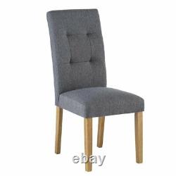 Set of 4 Grey Upholstered Button Back Dining Chairs with Solid Wood Oak Legs
