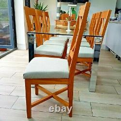 Set of 4 Oak Dining Chairs with Grey / Oatmeal Upholstered Seats 8 Available