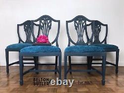 Set of 4 Sheraton Revival Style Fully Restored Dining Chairs in Navy and Teal