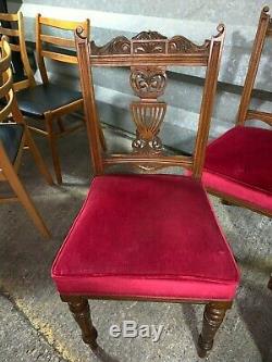 Set of 4x antique Edwardian dining chairs carved mahogany red velvet upholstered
