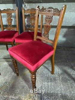 Set of 4x antique Edwardian dining chairs carved mahogany red velvet upholstered