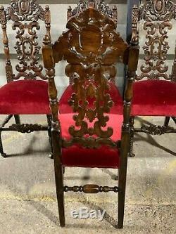 Set of 4x antique Victorian dining chairs carved oak wood red velvet upholstered