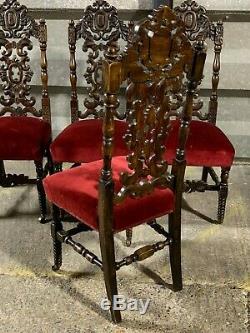 Set of 4x antique Victorian dining chairs carved oak wood red velvet upholstered