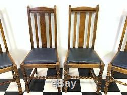 Set of 4x antique art deco solid oak dining chairs with rexine upholstered seats