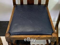 Set of 4x antique art deco solid oak dining chairs with rexine upholstered seats