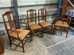 Set of 4x antique arts & crafts style solid oak upholstered dining chairs carver