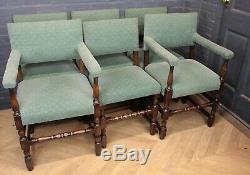 Set of 6 Antique 17th Century Style Oak & Green Upholstered Dining Chairs