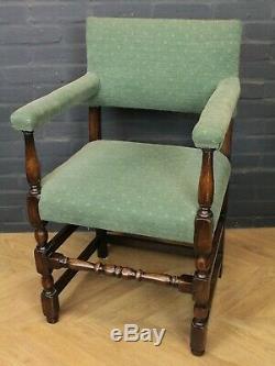 Set of 6 Antique 17th Century Style Oak & Green Upholstered Dining Chairs