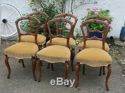 Set of 6 Antique Upholstered Dining Chairs, Walnut
