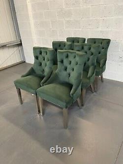 Set of 6 Green Velvet Clio Dining Chair Metal Legs Lion Knocker Stud Detailing