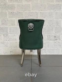 Set of 6 Green Velvet Clio Dining Chair Metal Legs Lion Knocker Stud Detailing