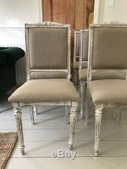 Set of 6 Original Antique French Dining Chairs Newly Upholstered Natural Linen