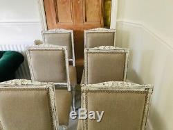 Set of 6 Original Antique French Dining Chairs Newly Upholstered Natural Linen