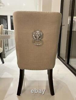 Set of 6 Six Linen Upholstered Highback Lion Knocker Ring Handle Dining Chairs