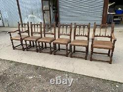 Set of 6 Six Oak and Leather Dining Chairs Upholstered Cromwellian Type Studded