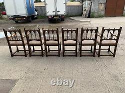 Set of 6 Six Oak and Leather Dining Chairs Upholstered Cromwellian Type Studded
