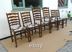 Set of 6 Vintage Oak Ladder Back Kitchen Dining Chairs 4 + 2 Carver Arm Chairs